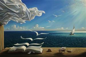 surrealism artwork pages turning into birds 